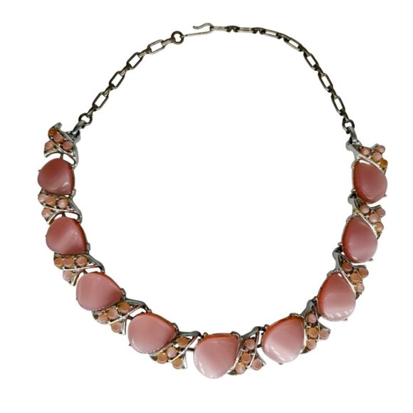 Vintage 1950s Pink Moonglow Thermoset Lucite Choker Necklace 14in Silver Tone - Picture 1 of 5